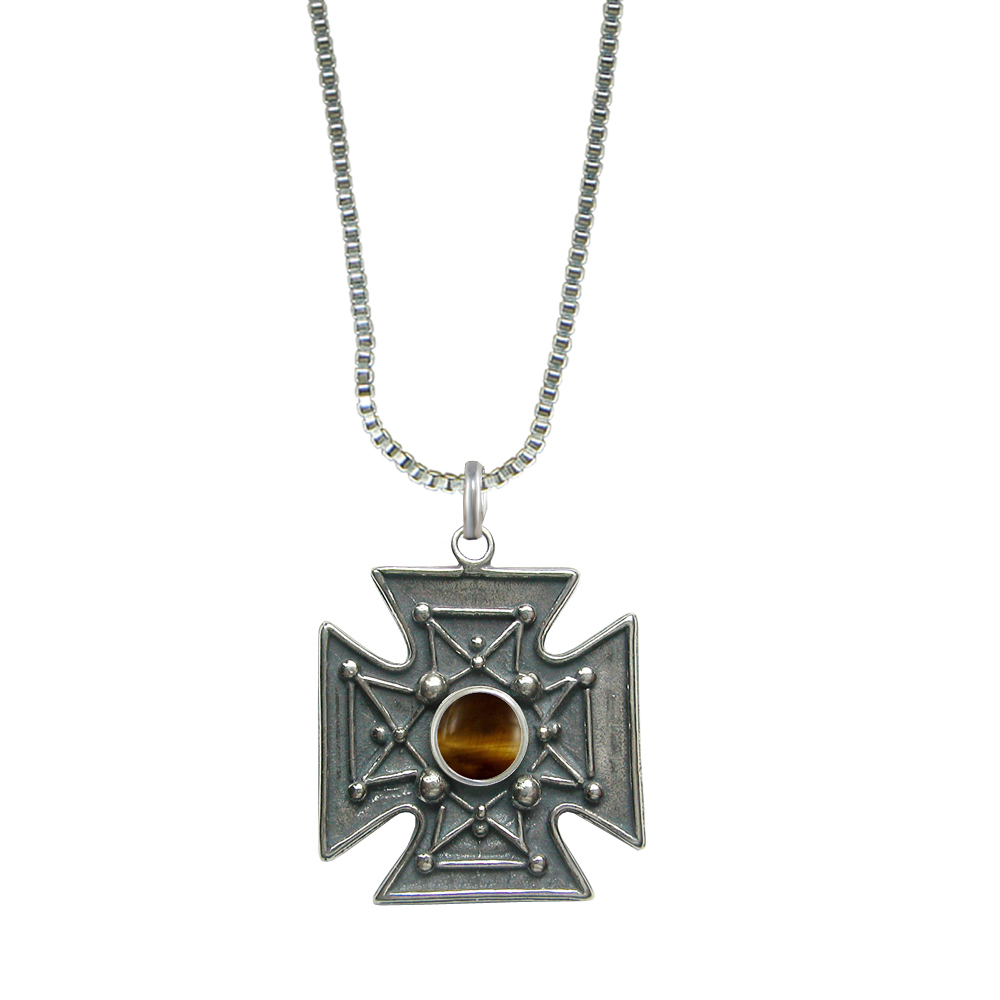 Sterling Silver Large Iron Cross Necklace With Tiger Eye